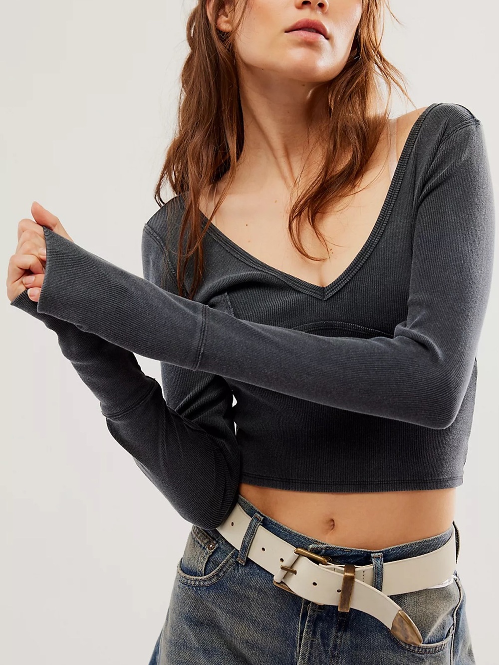 NWOT Free People Lightning Black V-Neck Long Sleeve Crop Top
